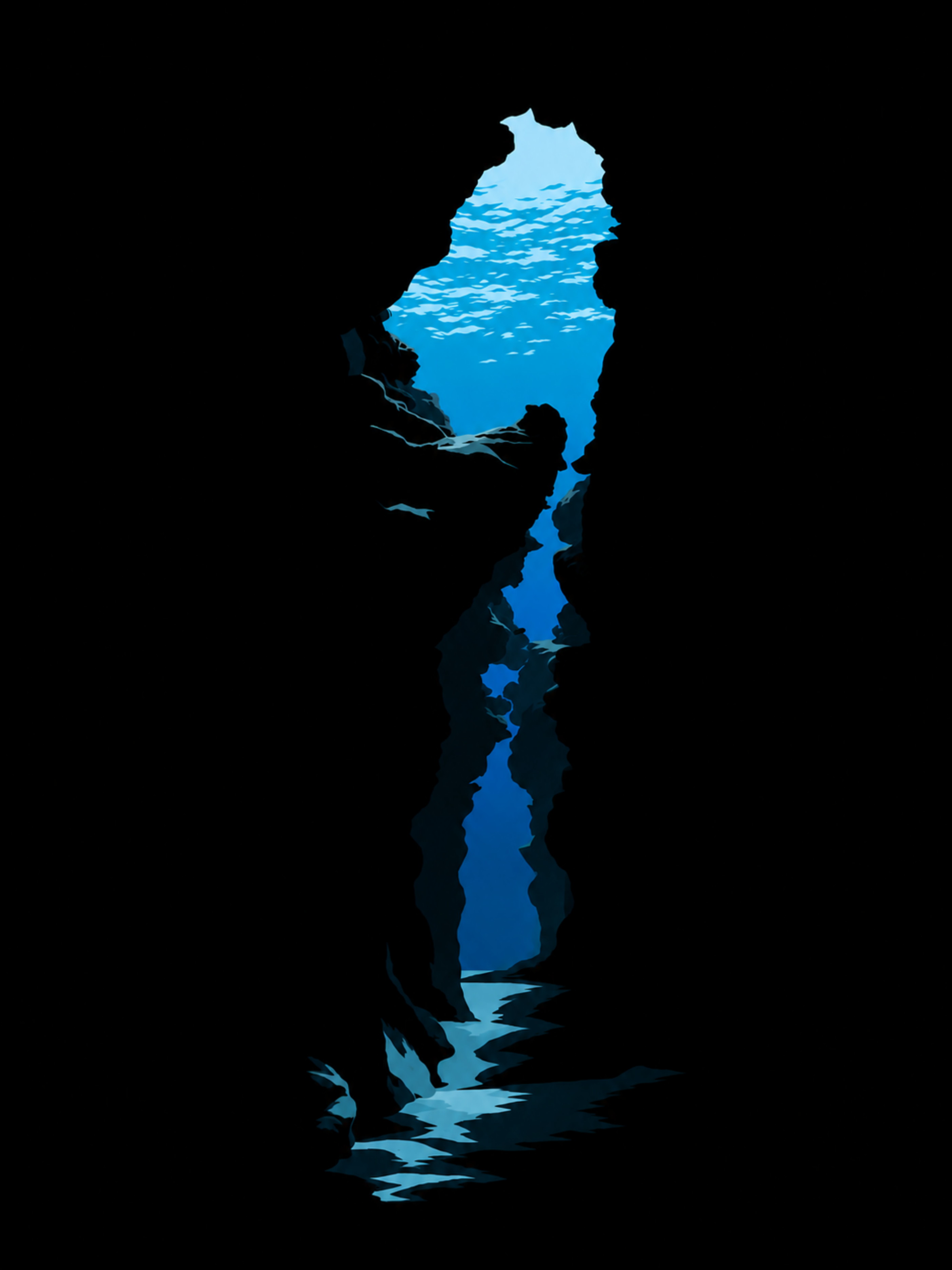 Illustration of a dark underwater cave.