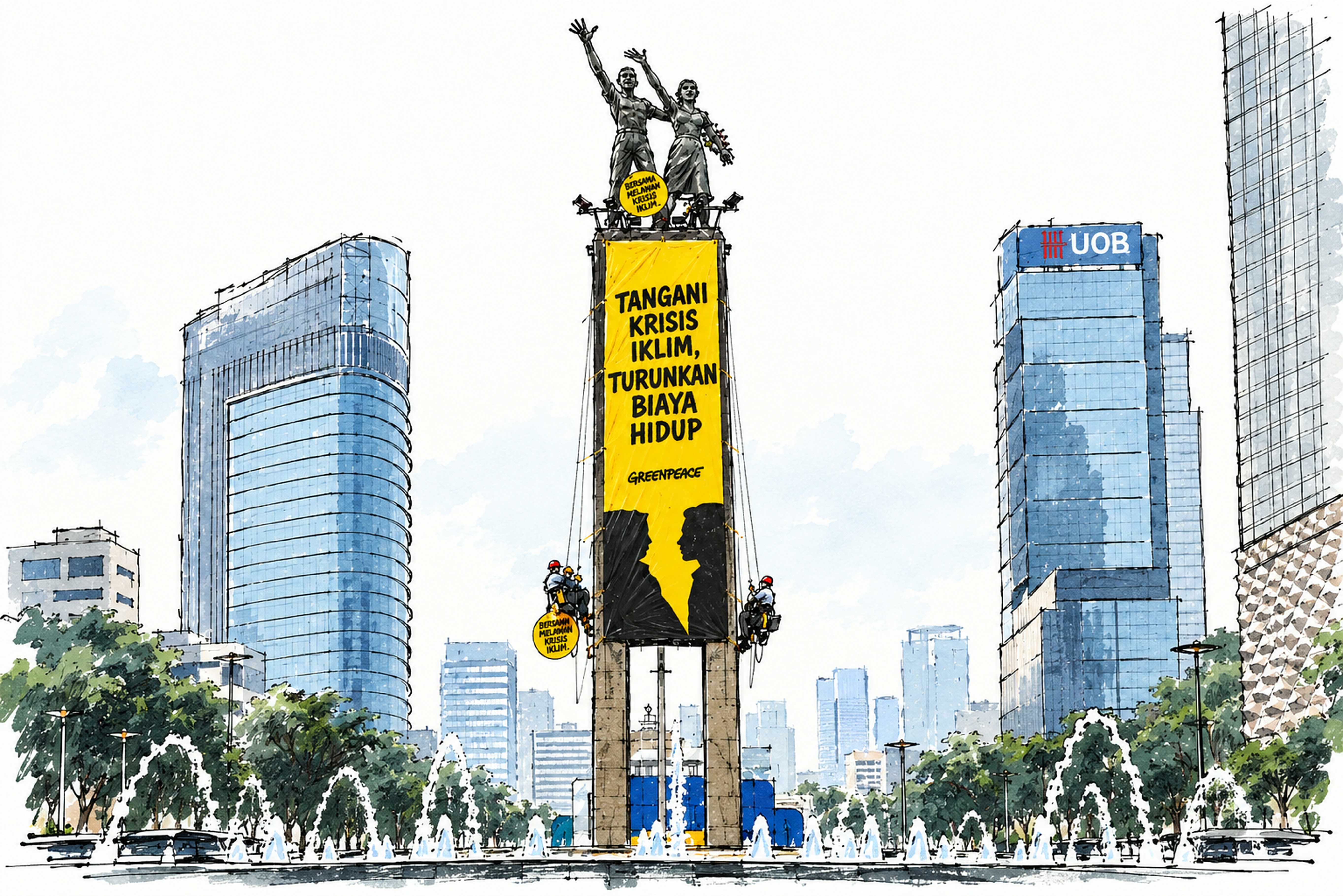 Aktivis Greenpeace Indonesia membentangkan spanduk protes sambil bergelantungan di Patung Selamat Datang di Bundaran Hotel Indonesia, Jakarta.